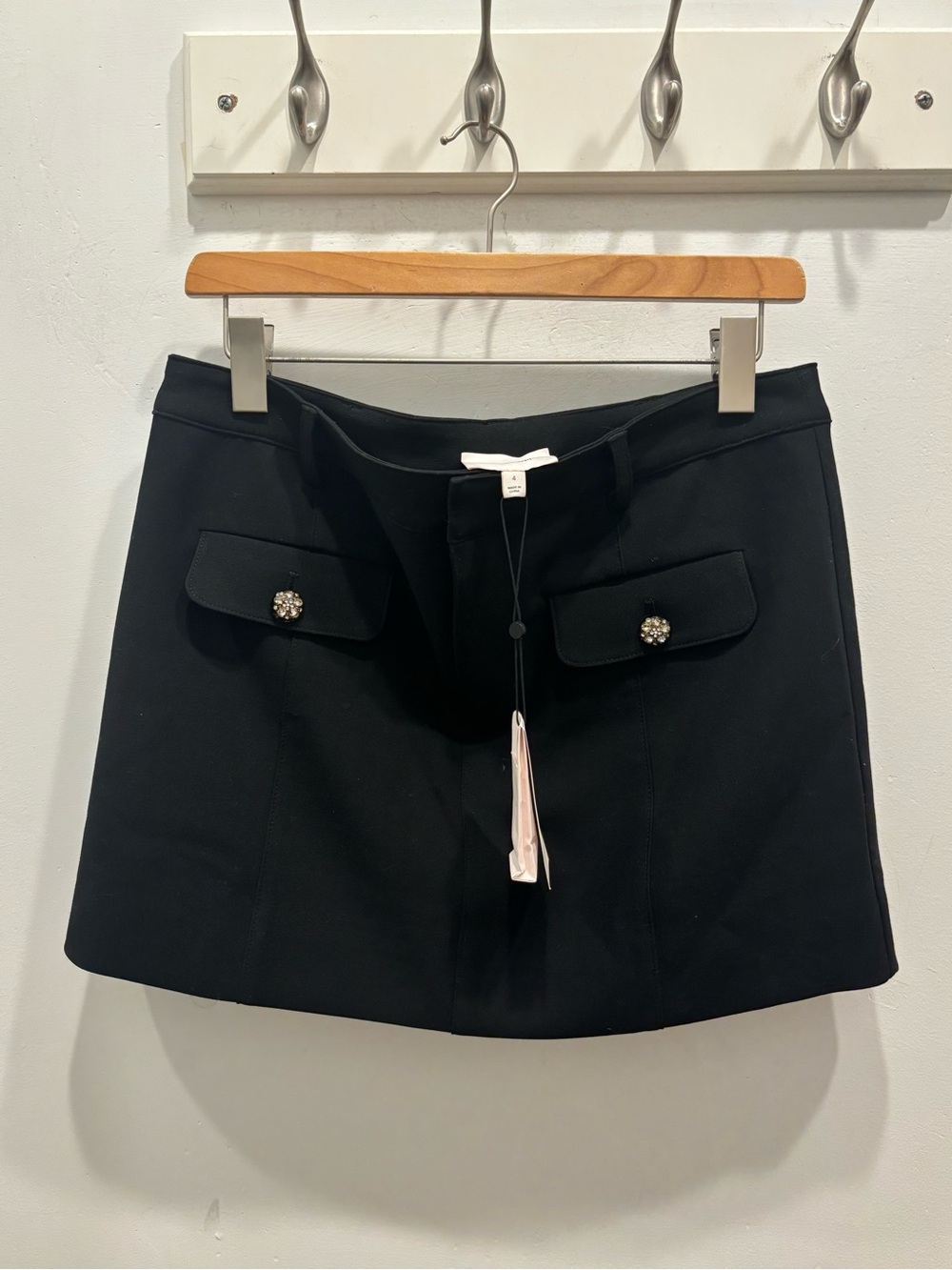 cinq a sept Black Mini Skirt with Jewel-Embellished Buttons